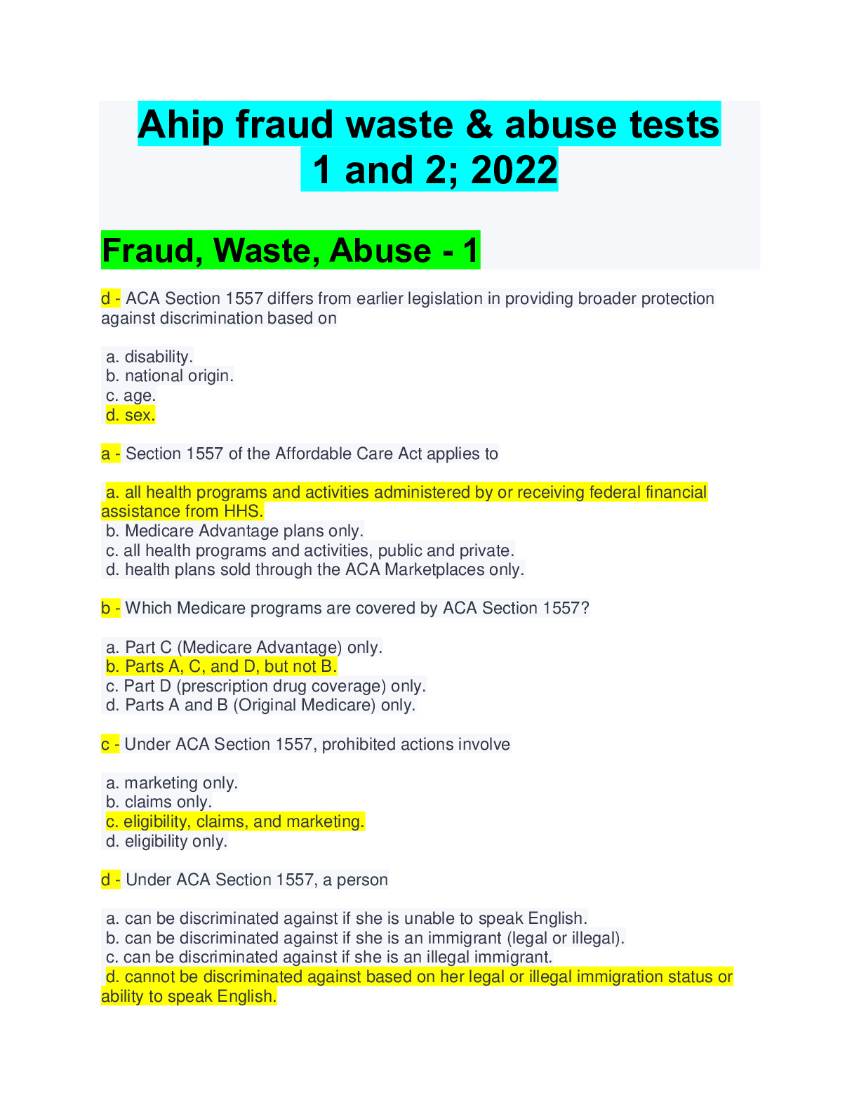 Preview image for (Answered) Ahip fraud waste & abuse tests 1 and 2; 2022